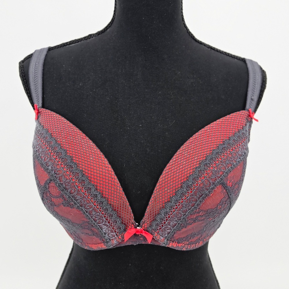 Marks Spencer Megan Lace Plunge Bra Red Gray Whimsigoth Vampire UK 32GG US 32J